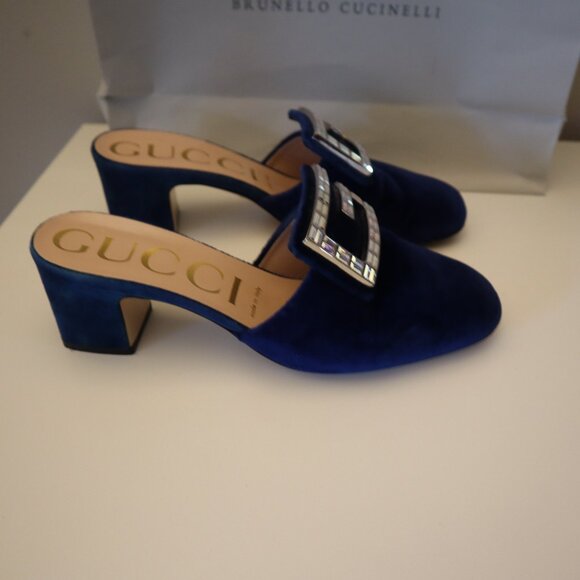 Gucci Madelyn Mules Crystal Logo Velvet Cobalt Blue Size 38 8 - Picture 4 of 12